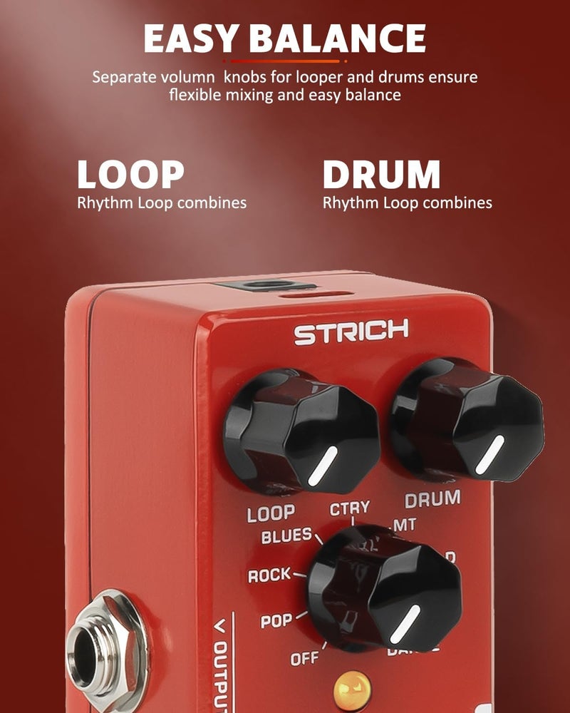 STRICH Rhythm Loop Guitar Pedal, SL-03 Looper for Electric Guitar Bass, 360s Phrase Looper (Unlimited Overdubs) + 8 Rhythm Drum Kits (4/4 Auto-Tempo), True Bypass (Red) - Image 5